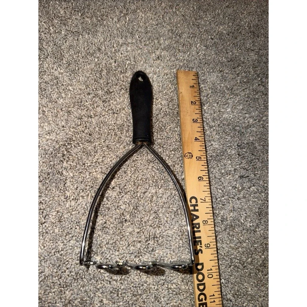 Vtg?  Hand Potato Masher Stainless Steel Black RubberyHandle 9.5” Heavy Duty